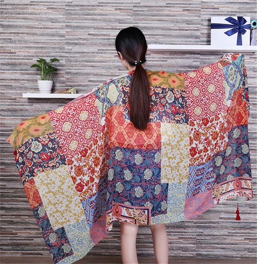 

Women Fashion African Ethnic Patchwork Viscose Shawl Scarf Tassel Cotton Pashmina Poncho Wrap Snood Headband Sjaal Muslim Hijab