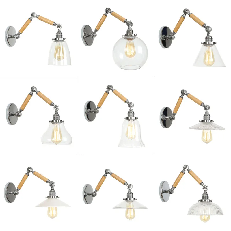 

Retro industrial wrought iron E27 LED wall lamp adjustable wood arm wall lamp for living room bedroom cafe restaurant hotel room