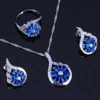 flower blue cubic zirconia white cz silver plated jewelry sets earrings pendant chain ring v0321