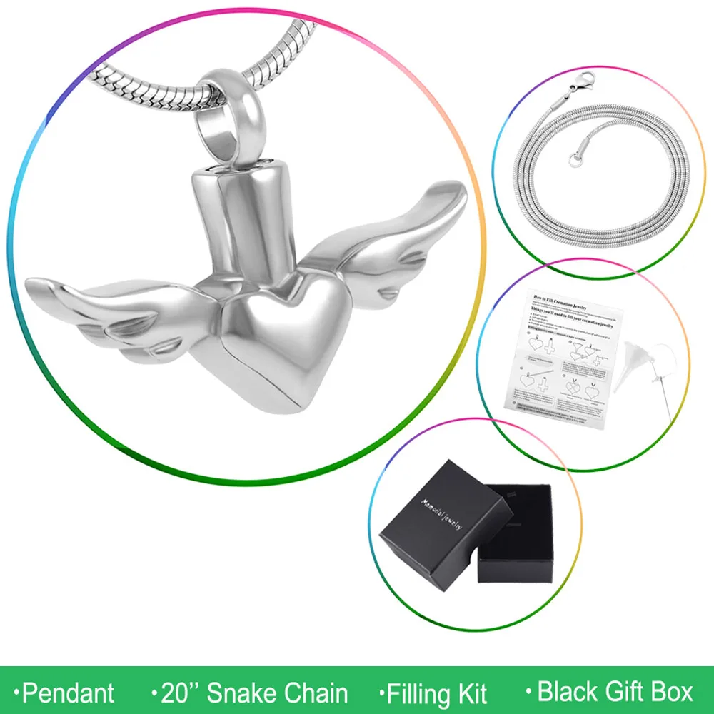 

MJD8179 Stainless Steel Retro Style Heart Angel Wing Cremation Urn Pendant Ash keepsake Memorial Necklace