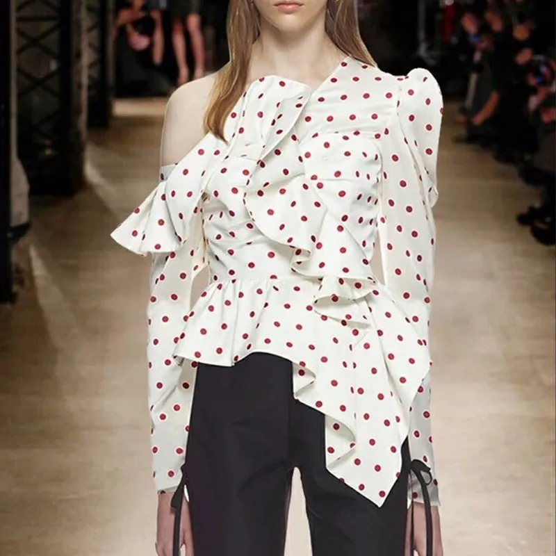 Женская Асимметричная блузка CHICEVER в горошек с открытыми плечами оборками и