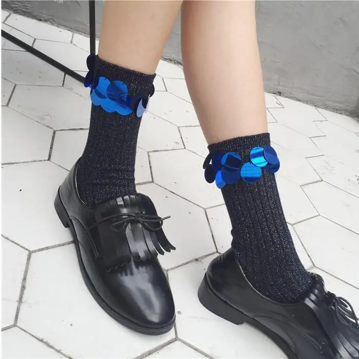 Новинка 2018 женские блестящие носки серебристые Осенние хлопковые простые ручной