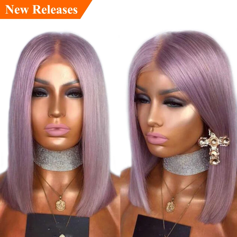 SHD Glueless кружевные передние короткие парики из человеческих волос для черных женщин боб парик серый/синий/фиолетовый прямой кружевной передний парик Remy 130
