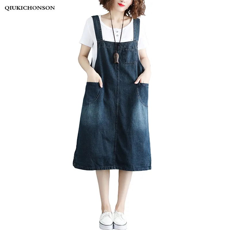 Casual Sleeveless Strap Jeans Dress Women Front Pocket Slit Literary Vintage Plus Size Suspender Denim Sundress Overalls Dresses | Женская