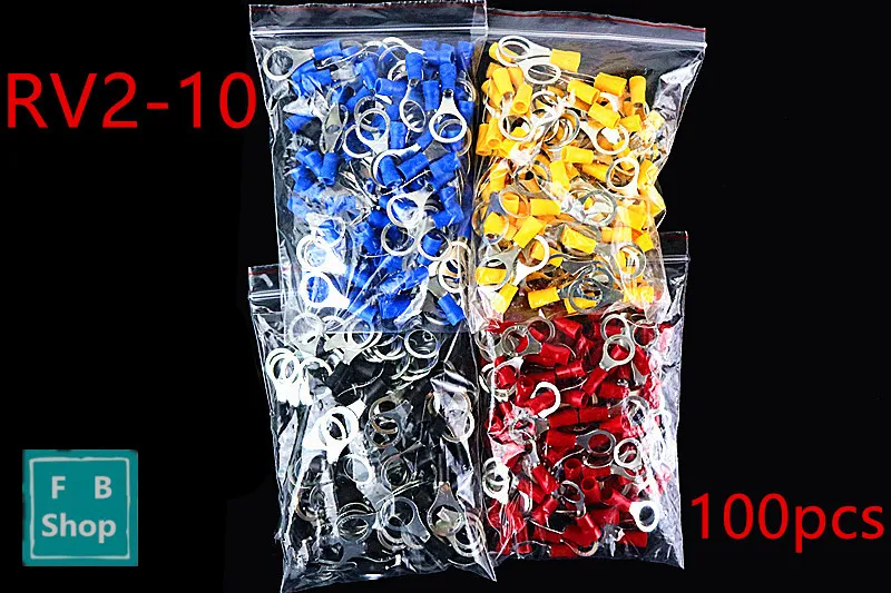 

100PCS Wire connector RV2-10 copper 2-2.5square lug line lug terminal Cold pressing terminal for circular O type pre insulation