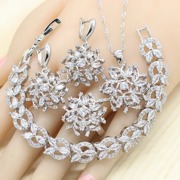 4PCS White Белый Красный Циркон 925 Серебряные Ювелирные наборы для женщин Свадебная вечеринка браслет серьги кольца ожерелье Кулон Подарочная коробка ювелирных изделий - Окраска металла: 4PCS White