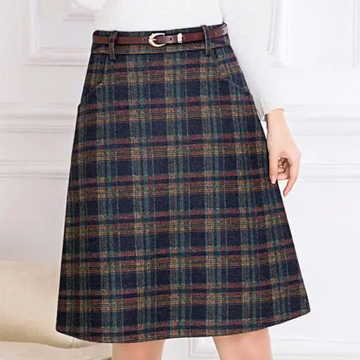 Женская шерстяная Повседневная узкая юбка трапециевидная клетчатая до колена с