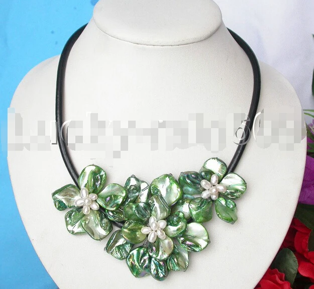 &gt Барокко цвести зеленый ракушка белый жемчуг колье кожаное ожерелье e1258|necklace