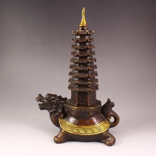 

decoration bronze factory Pure Brass Antique Chinese Vintage handcraft Copper Auspicious statue -- dragon tortoise pagoda