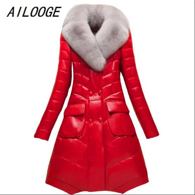 AILOOGE Winter Women Leather Coat High Quality Weight Jacket Duvet Sheep Temperament Fox Fur Collar Fashion Female Down Par | Женская