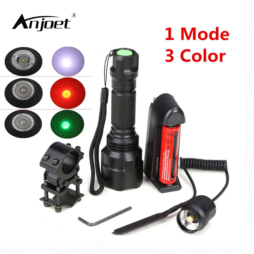

ANJOET Single file Mode Tactical Flashlight T6/Q5 led torch + battery + Charger + Pressure Switch Mount Hunting Rifle Gun Lamp