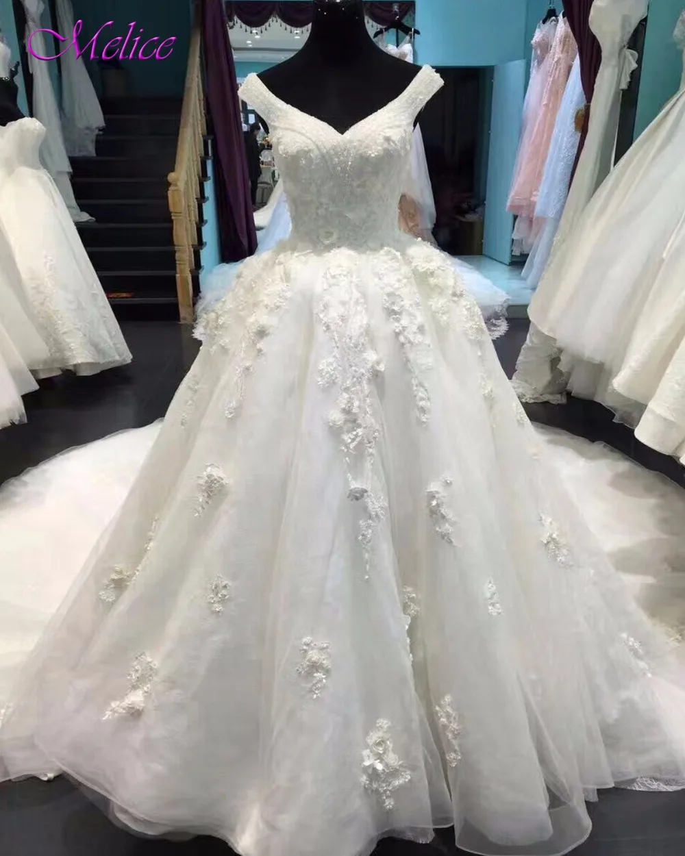 Melice Luxury Beaded Sweetheart Neck Lace Up Ball Gown Wedding Dresses 2020 Appliques Chapel Train Bridal Dress Vestido de Noiva | Свадьбы и