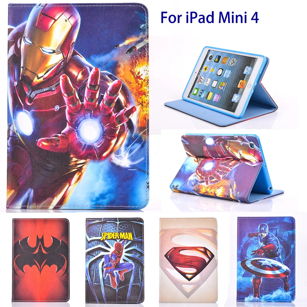 Чехол для Apple iPad mini 4 Планшеты чехол с рисунками из мультфильмов «Супермен», «Человек-паук», книга чехол из искусственной кожи с защелкой подставка милые дети мальчик с откидной крышкой
