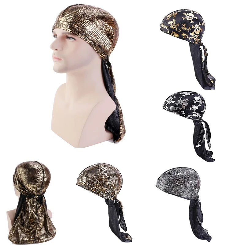 Для мужчин длинный хвост банданы камуфляж шелковистый Durags тюрбан Кепки крышка головки бандана повязка на голову шапка моды модный головной убор-бандана