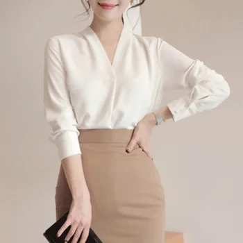 New Ladies Tops Office Chiffon Blouse Women Fashion V-neck Long Sleeve white Shirt Female Casual Spring Blusas Mujer 1