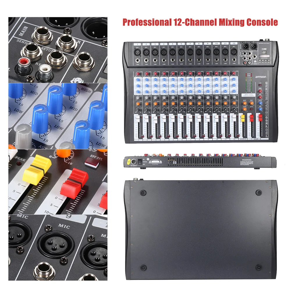 Микшерная консоль ammoon 120 USB 12 каналов XLR вход 3 полосный EQ фантомное питание 48 В с