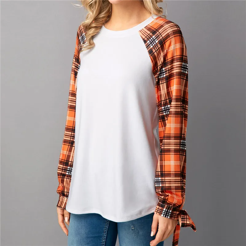 Casual T Shirt Women 2018 Spring Plaid Shirts Patchwork Bow Long Sleeve Tops Tee Femme Blusas Camiseta Mujer | Женская одежда
