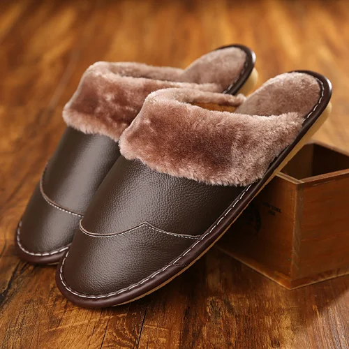 men brown Каменная деревня натуральная кожа шлёпанцы женские теплые зимние плюшевые домашние шлёпанцы коровья кожа шлёпанцы женская обувь домашние мужские Тапочки - Цвет: men brown