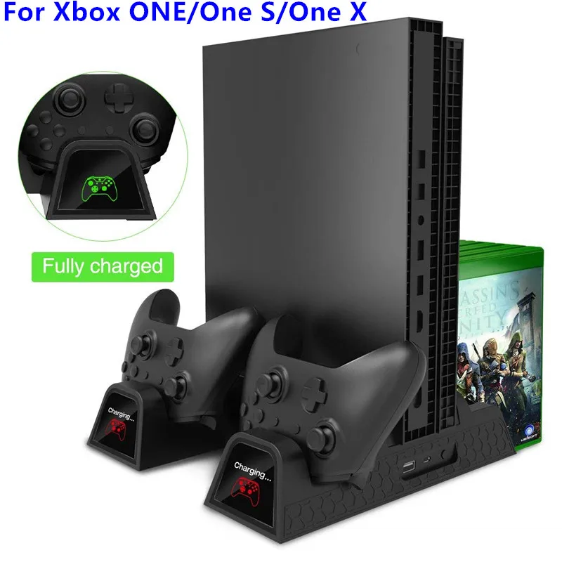 Вертикальная охлаждающая подставка для Xbox ONE/One S/One X кулер вентилятор с 2 батареями 600 mAh, хранение игр, двойной контроллер зарядки