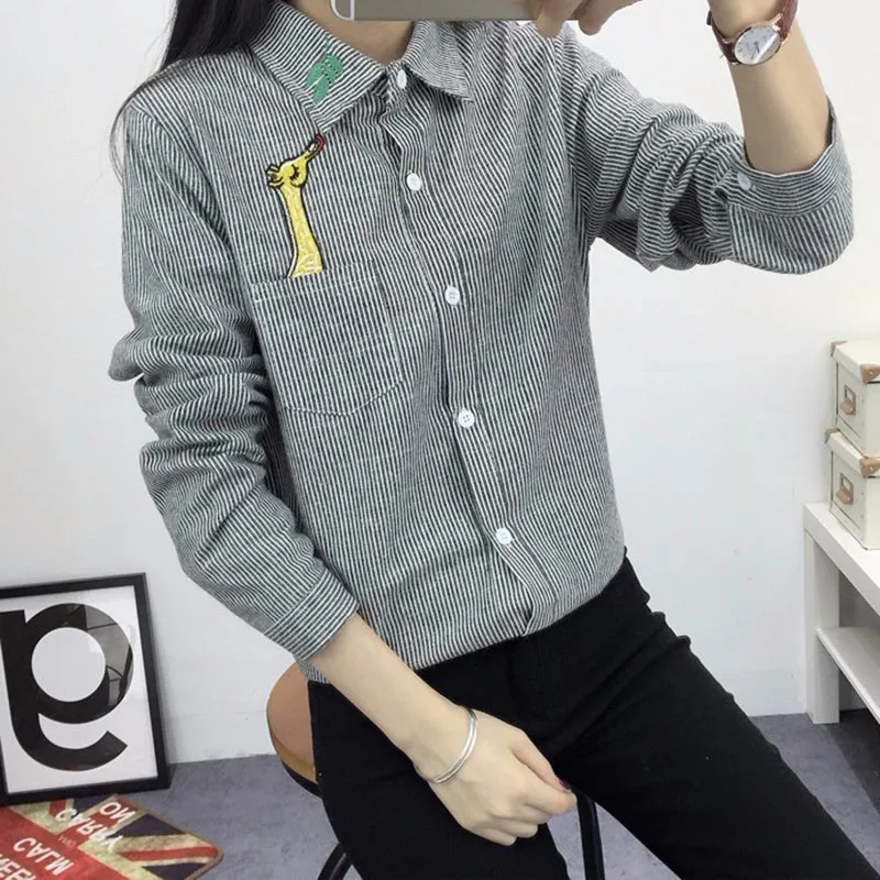 2016 Новая Коллекция Весна и Осень женская Рубашка Блузка Кот Вышивка С Длинным