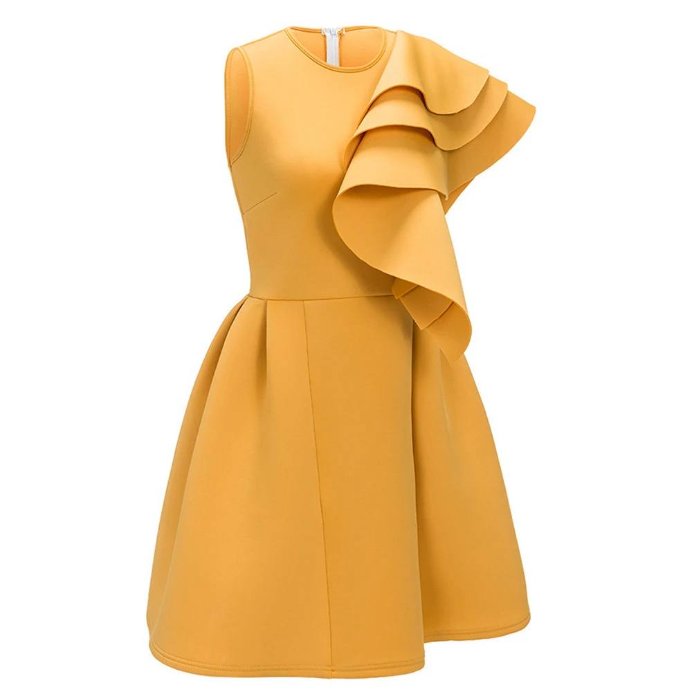 FEIBUSHI Elegant Women Party Dresses Sexy Double Ruffle Sleeve Back Zipper Solid Round Neck Flounce Plain Skater Dress | Женская одежда