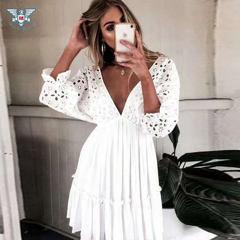 Женская туника платье пляжный летний сарафан Vestidos глубокий v образный вырез