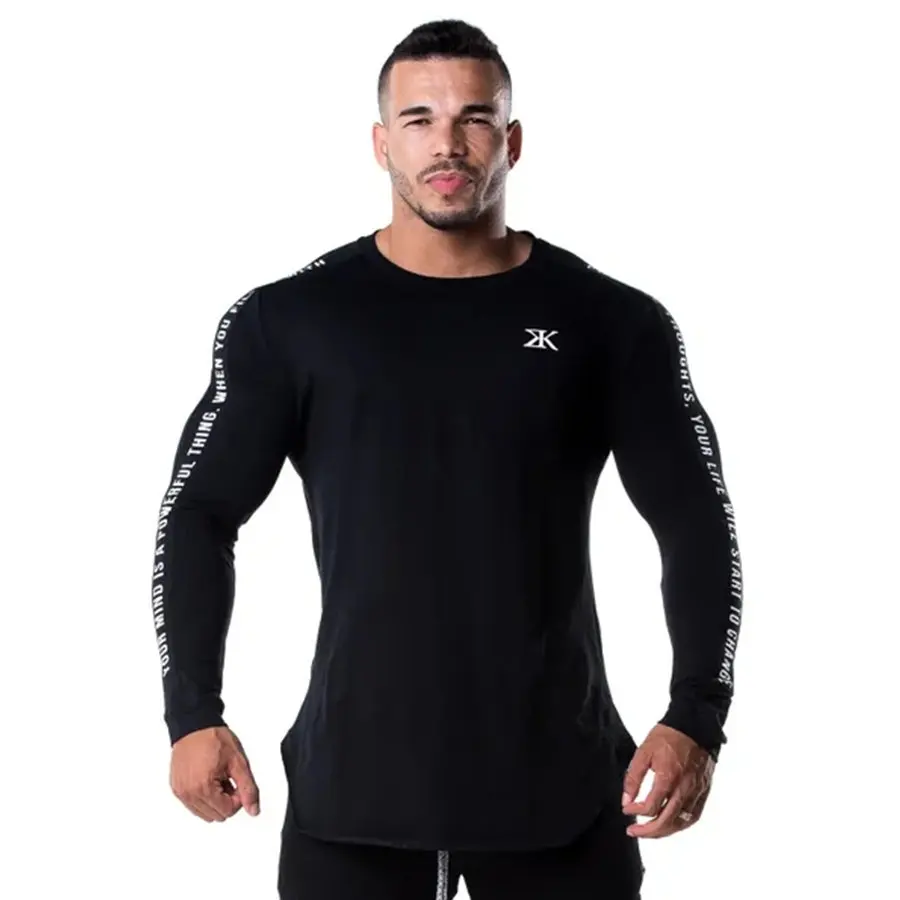 Mens Skinny Long sleeve Shirts Casual Fashion Printed T-Shirt Male Gyms Fitness Workout Black Tee shirt Tops Crossfit Clothing | Мужская