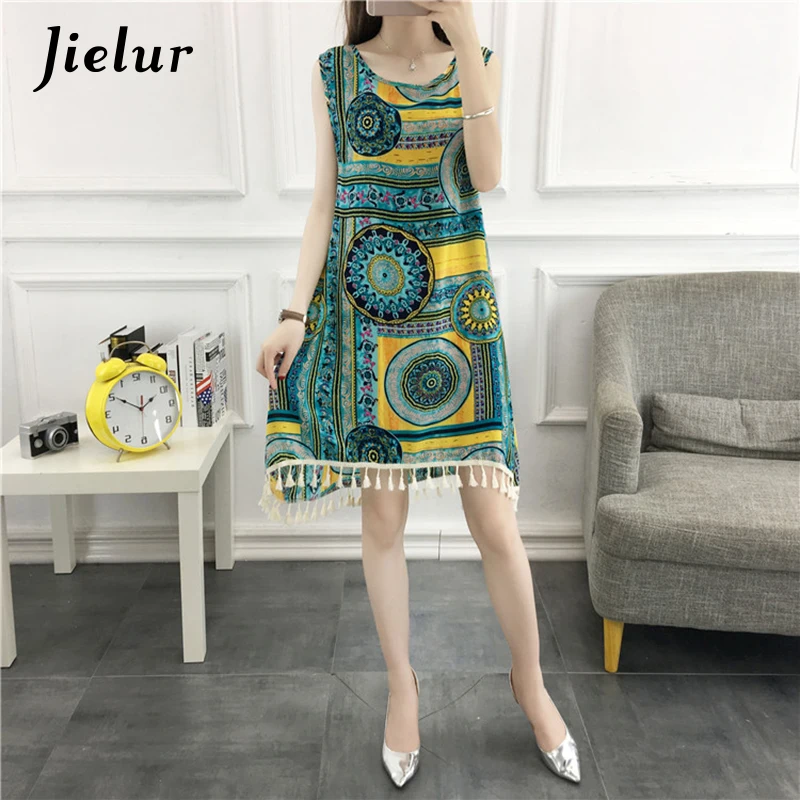 Jielur 2018 модный принт платья без рукавов Летнее женское платье повседневное Boho