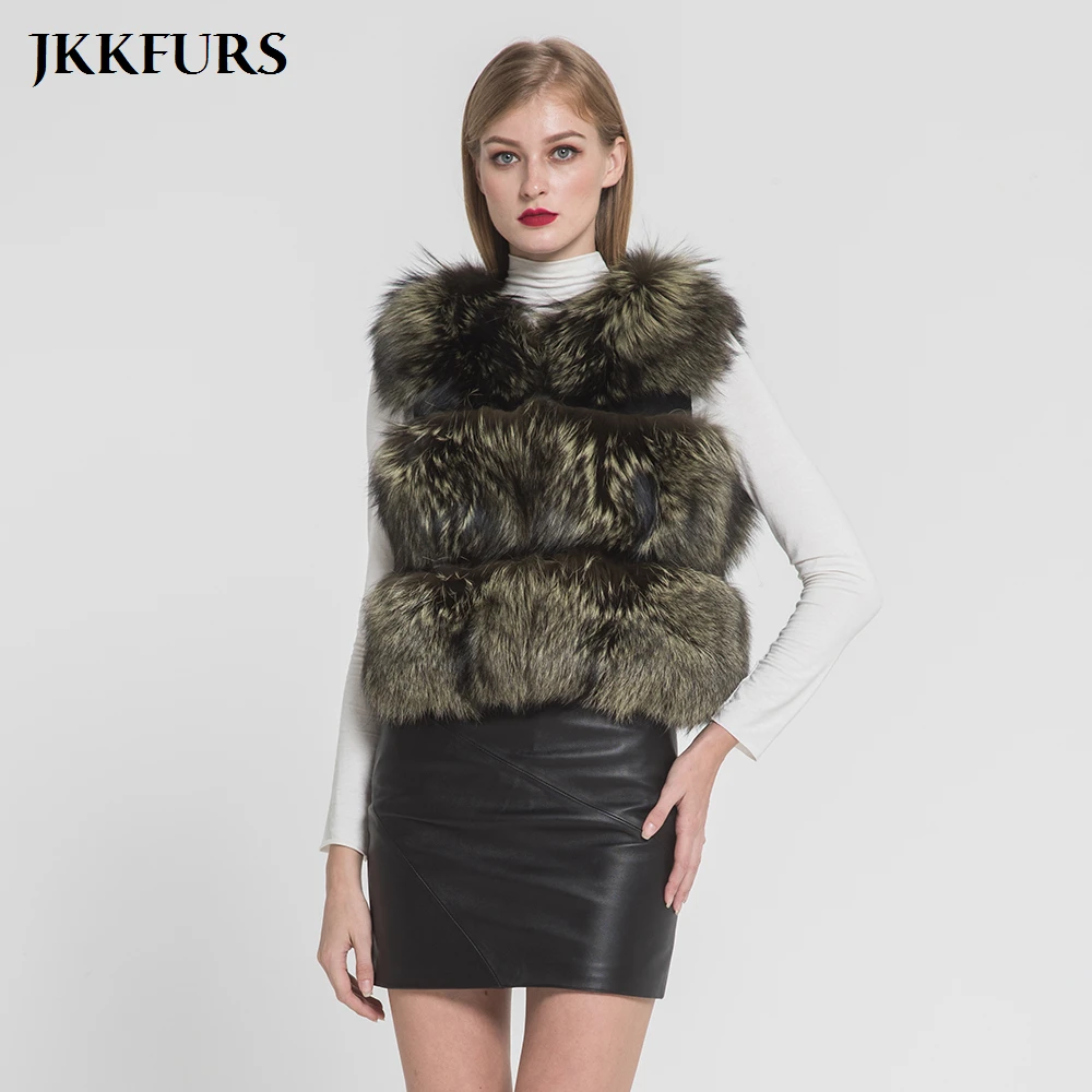 JKKFURS/Новое поступление женский жилет на натуральном меху с серебряной лисой
