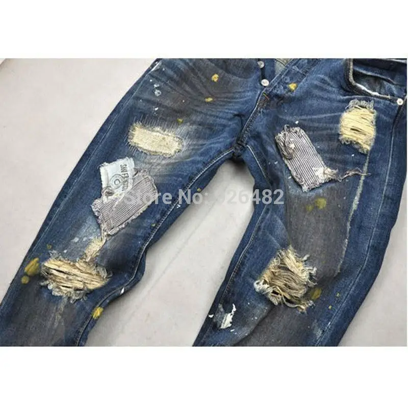 Male Ripped Torn Jeans Beggar Trousers Men's Designer Destroyed New Style Hip Hop Rock f Men Frayed Pants | Мужская одежда