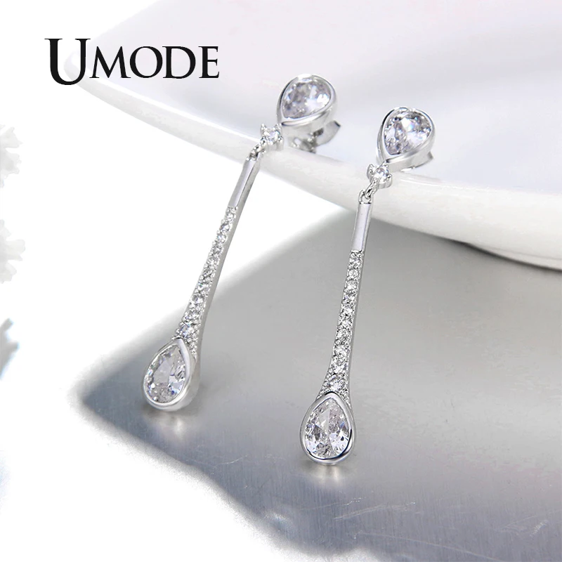 UMODE, капли воды, стразы, висячие серьги, AAA+ кубический цирконий, длинные висячие серьги, серебряные ювелирные изделия для женщин, аксессуары UE0555
