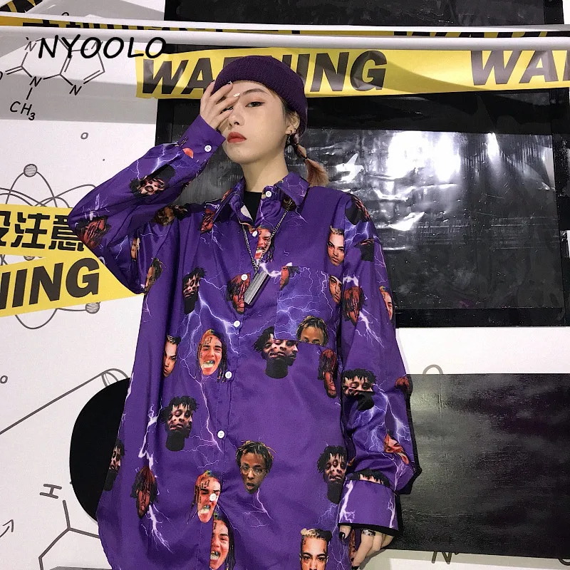 NYOOLO Harajuku стиль уличная пародия Европа Аватар молния печати рубашка свободная с длинным рукавом рубашка Женская/мужская одежда топы