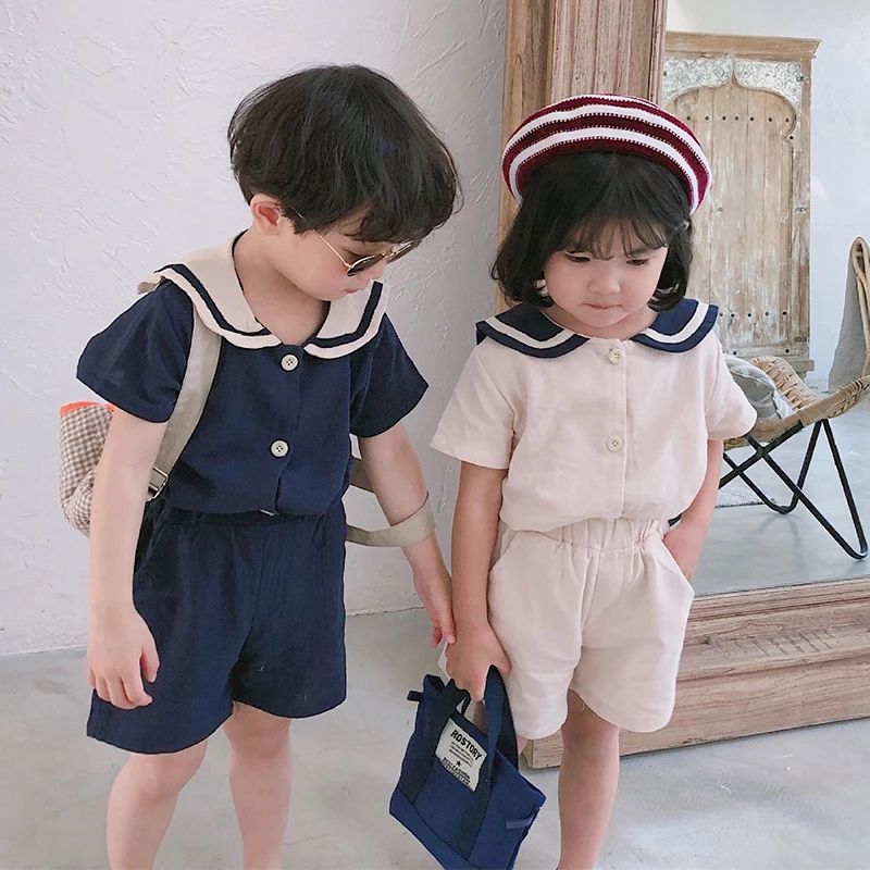 Summer Korean Style Kids Sailor Collar Cotton Linen Clothes Sets Boys Girls T Shirt+Shorts 2Pcs Kid Clothing Baby Boy Clothing
