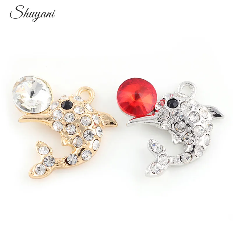 

27*27mm 2 Colors Silver Gold Rhinestone Dolphin Dangle Charms Pendant Fashion Jewelry Making Findings DIY Charms Handmade