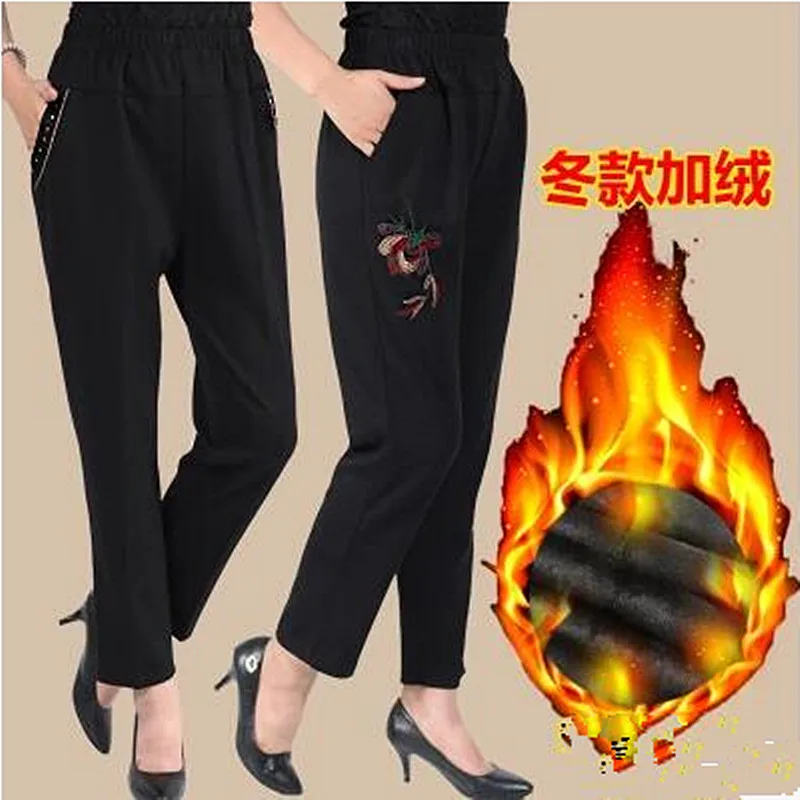 

Elastic Waist Trousers Pocket Hand Embroidery Fall Middle Age Mother Add velvet Pants Old Grandma Plus Size Women Long Pants 5XL