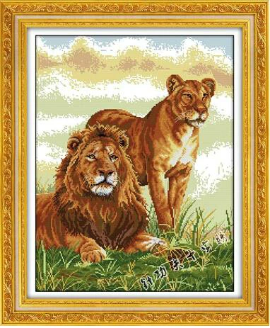 

65*53cm Needlework,DIY Set Full Embroidery kit,2 Love Lion Couple Animal Pattern Counted Cross-Stitch Oil Paint Wall Home Decor
