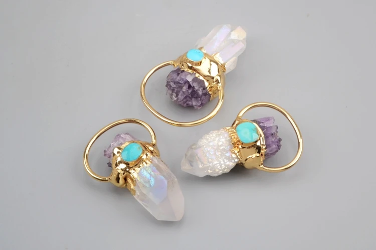 3PCS Pendant BOROSA 3 шт. позолоченный титан AB Druzy кристалл кварца ТОЧКА с аметистами чипы и круглый бирюзовый Шарм Подвески ожерелье G1806 - Окраска металла: 3PCS Pendant