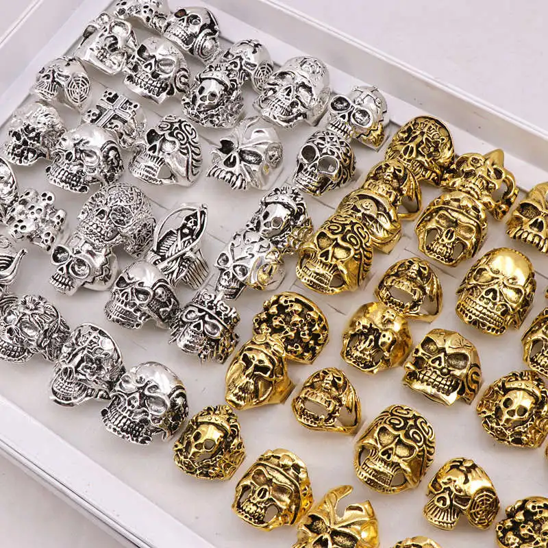 Mix Golden Silver 20 шт./лот, мужские кольца в стиле панк, байкер, готический череп, металлические ювелирные изделия, размеры от 18 мм до 21 мм(золотое серебро - Цвет основного камня: Mix Golden Silver