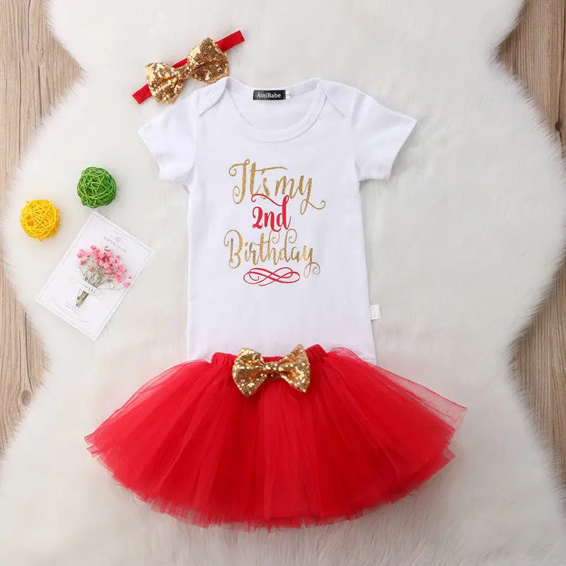 Red Second Birthday Брендовый комбинезон на день рождения для маленьких девочек, комплект одежды, юбка-пачка с головной повязкой, вечерние комплекты из 3 предметов, одежда с короткими рукавами - Цвет: Red Second Birthday