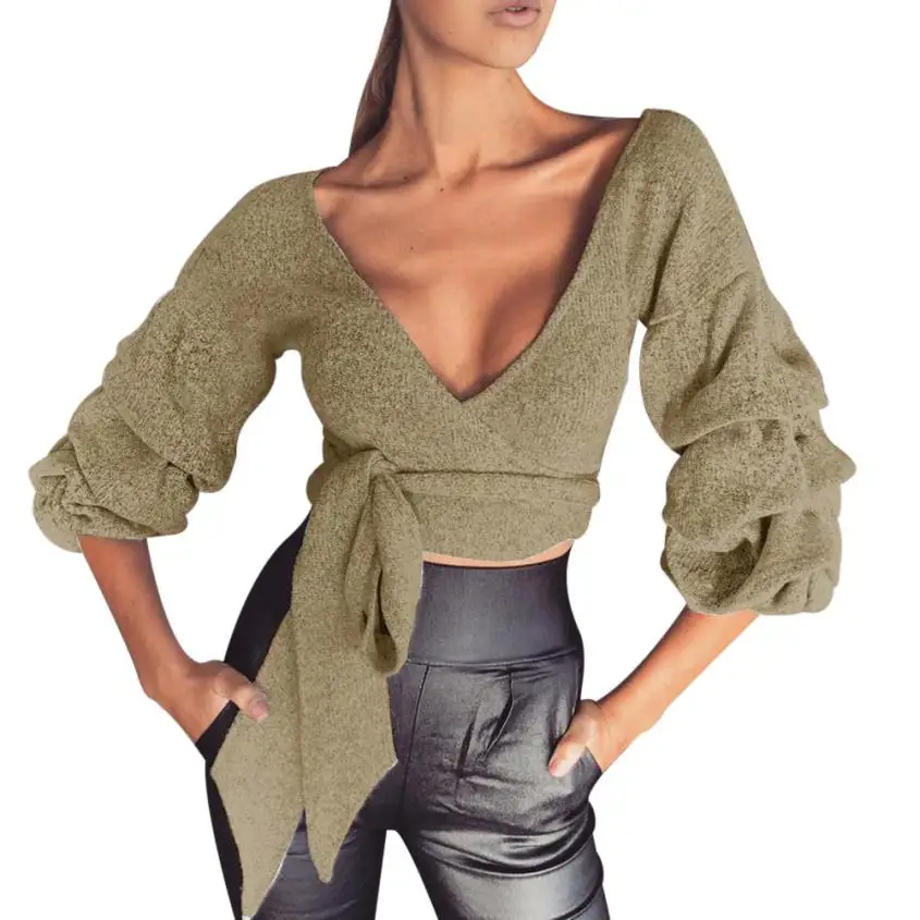 Women Ladies V Neck Knitted Sweater Long Sleeve Casual Crop Top shirts plus size women clothing blusas feminina Poleras de mujer | Женская