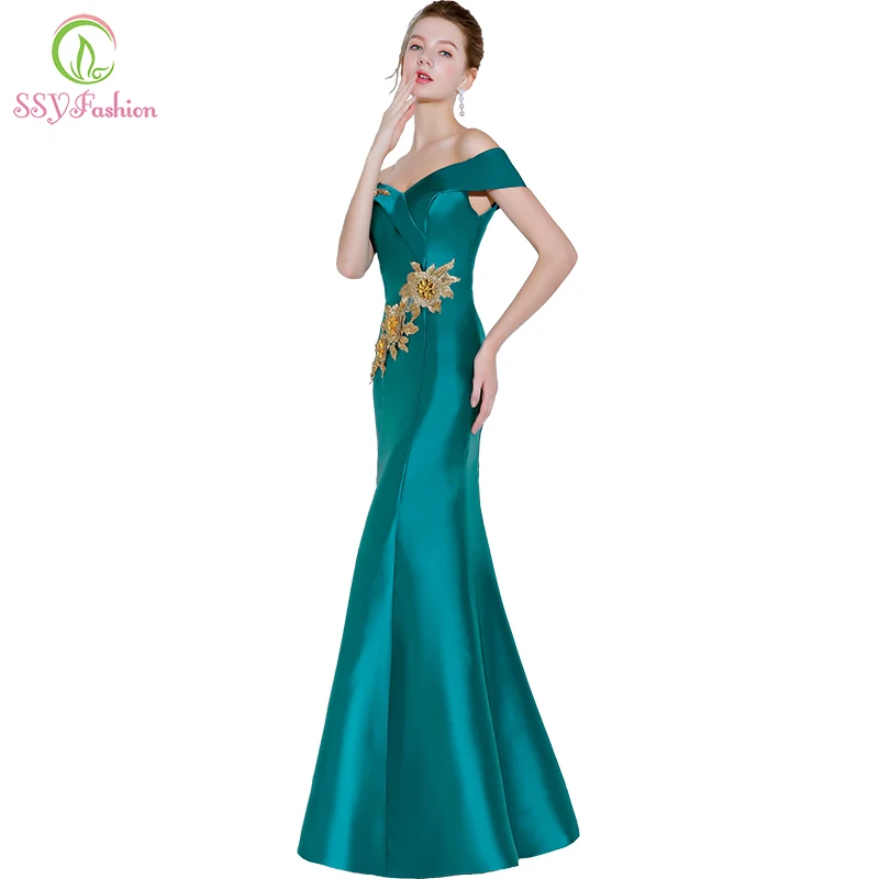 SSYFashion новый сексуальный русалка вечернее платье Зеленые атласные Кружевные
