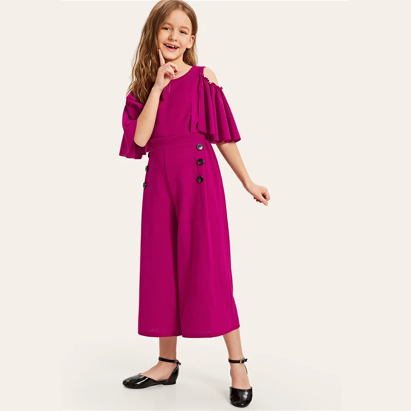 SHEIN/детский однотонный повседневный комбинезон с открытыми плечами и пуговицами сбоку для девочек; коллекция года; сезон лето; свободные длинные Комбинезоны на молнии с рукавами-воланами