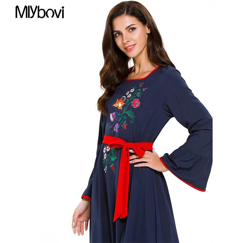 Женское платье макси с вышивкой темно синее Abaya из Дубая мусульманское кафтан