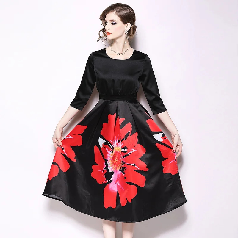 

autumn floral print party dress femme O-neck slim women's vestidos casual big swing vintage dresses