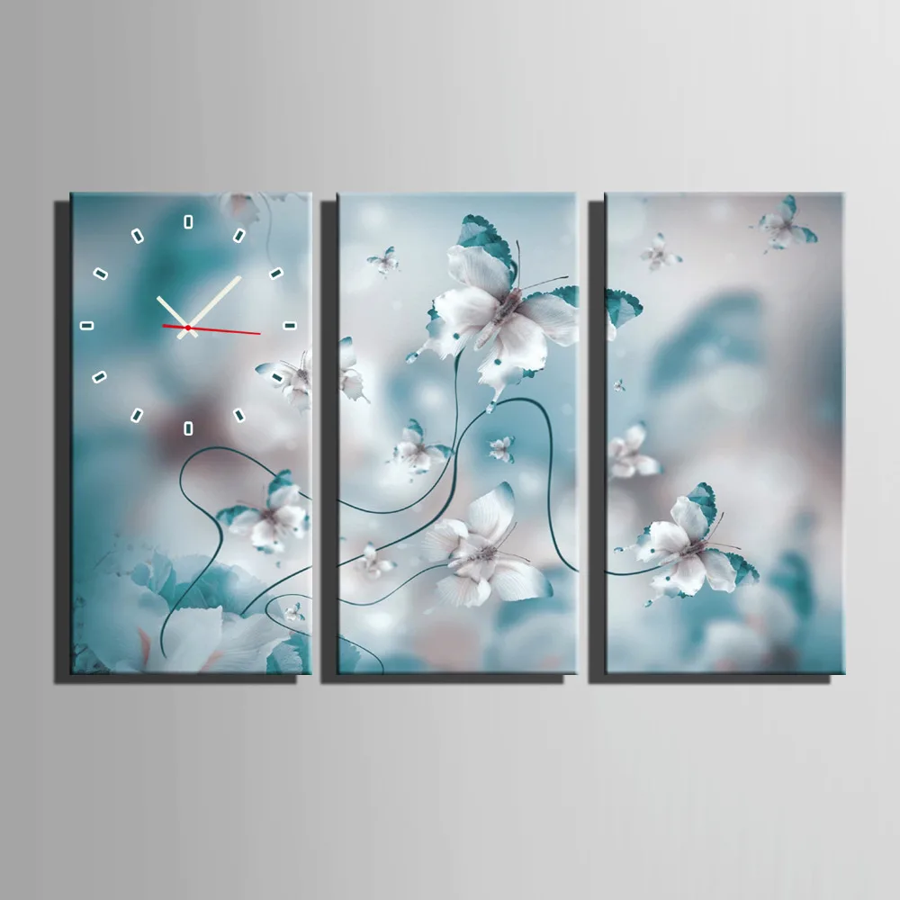 Бесплатная доставка технические часы с цветком бабочки в холсте 3 шт. настенные