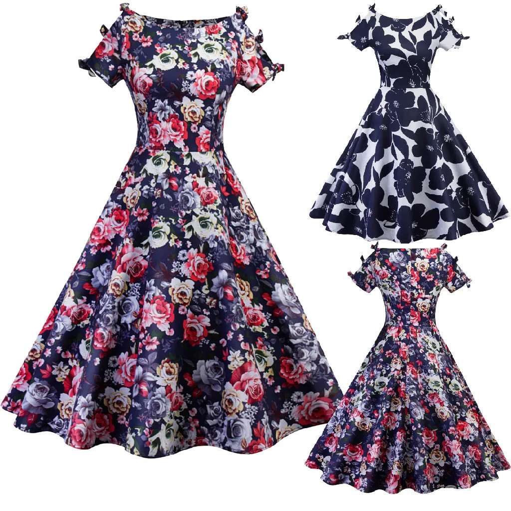 Женское платье трапециевидной формы с цветочным принтом открытыми плечами