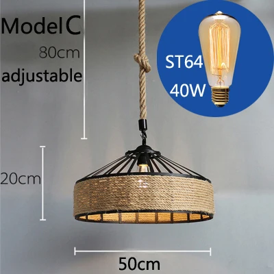 Model C with bulb Винтажная пеньковая веревка люстра Ретро E27 промышленная Ретро лампа база Лофт спальня с железным светильником столовая кафе бар люстра - Цвет корпуса: Model C with bulb