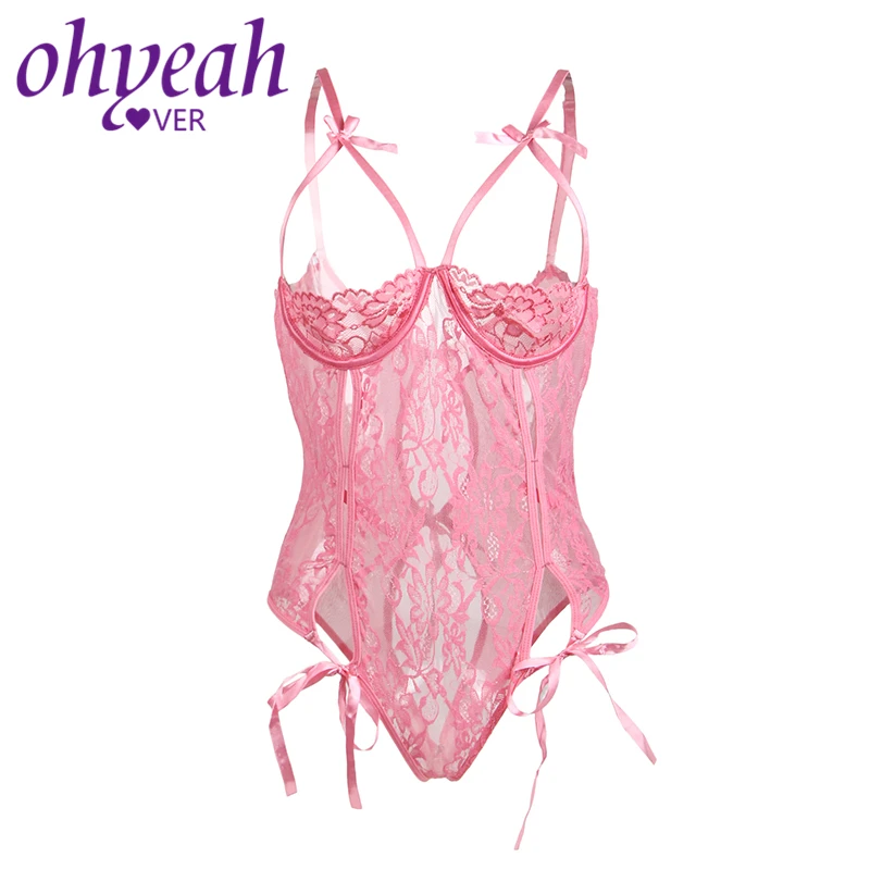 Женский комбинезон Ohyeahlover розовый кружевной с открытым бюстом на лето RM80422|macacao
