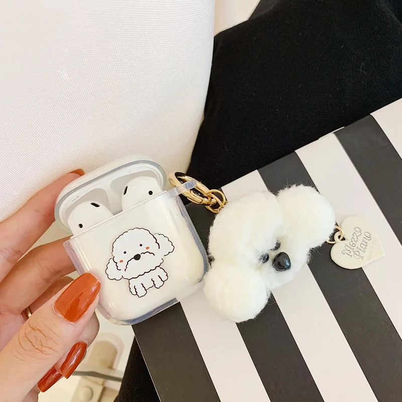Мультяшные чехлы с плюшевой собакой для Airpods Bluetooth наушники чехол для Air Pods 2 1 Acessorios наушники коробка милая игрушка на кольцо для ключей Ремешок - Цвет: White