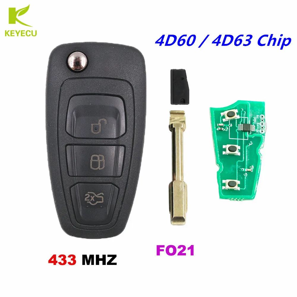 Запасной складной дистанционный ключ KEYECU с 3 кнопками 433 МГц 4D60/4D63 80Bit чип для Ford